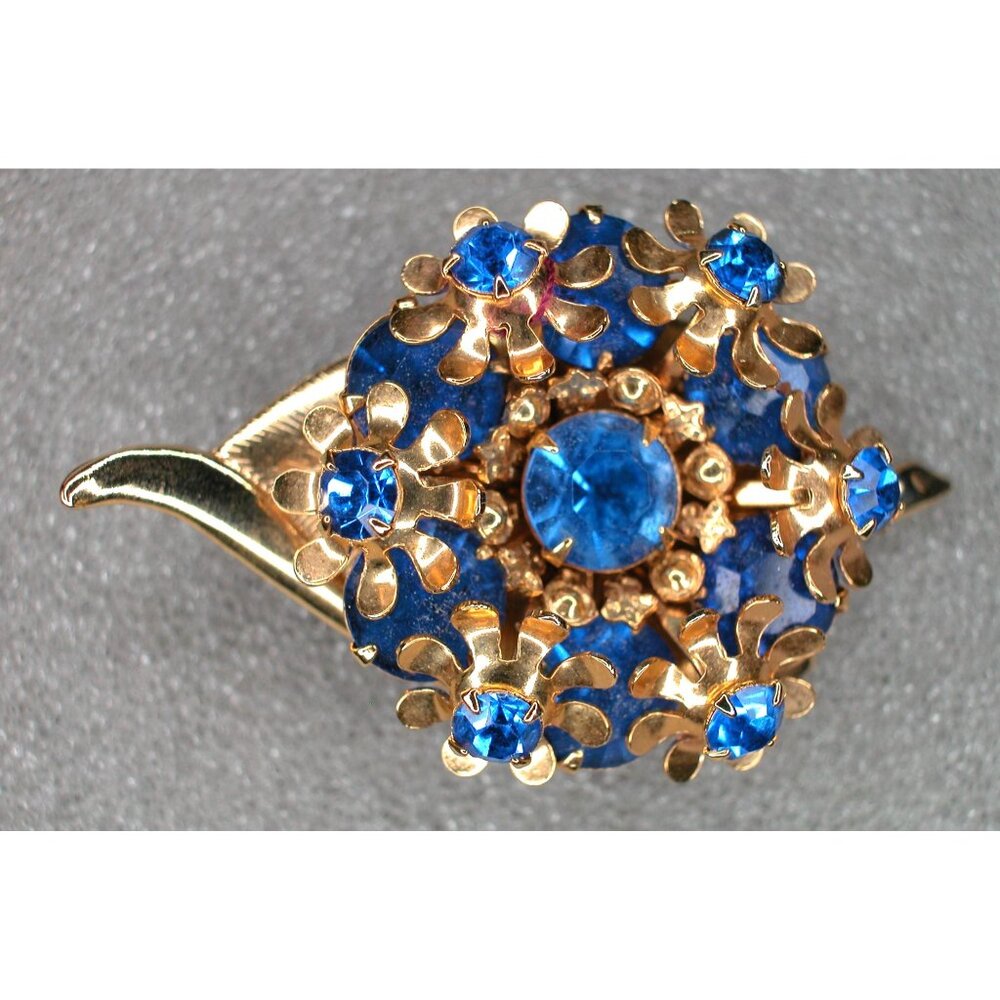 Vintage Gold-Tone Floral Brooch/ Blue Rhinestones/ Leaf Design